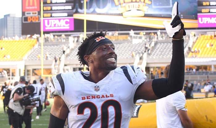 Sep 19, 2021; Pittsburgh, Pennsylvania, USA; Cincinnati Bengals cornerback Eli Apple (20) leaves the field after his team defeated the Pittsburgh Steelers 24-10 at Heinz Field.